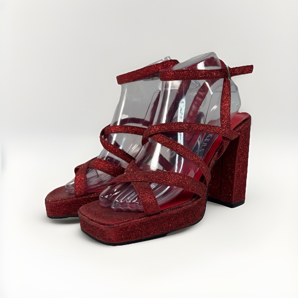 VTG Bakers Red Glitter Platform Heels 7M Sparkling, Glitter Bratz Y2K Chunky